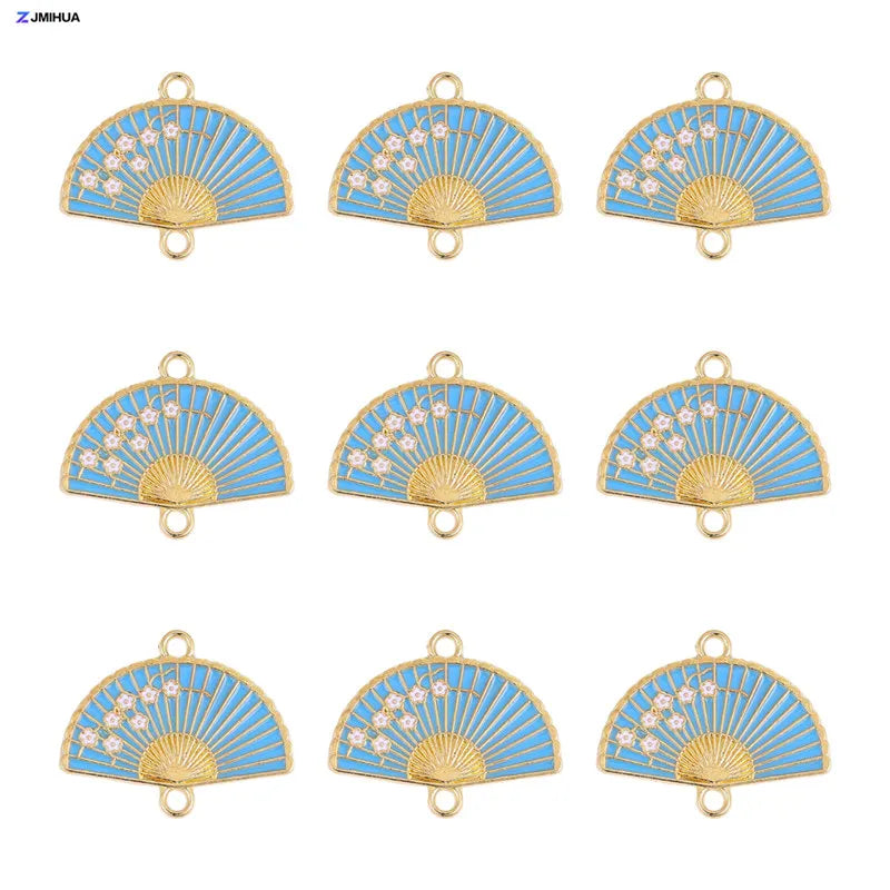 15pcs Enamel Fan Charms Connector Sakura Pattern Pendants For Crafts Jewelry Making DIY Bracelets Earrings Accessories