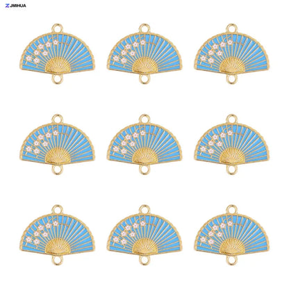 15pcs Enamel Fan Charms Connector Sakura Pattern Pendants For Crafts Jewelry Making DIY Bracelets Earrings Accessories