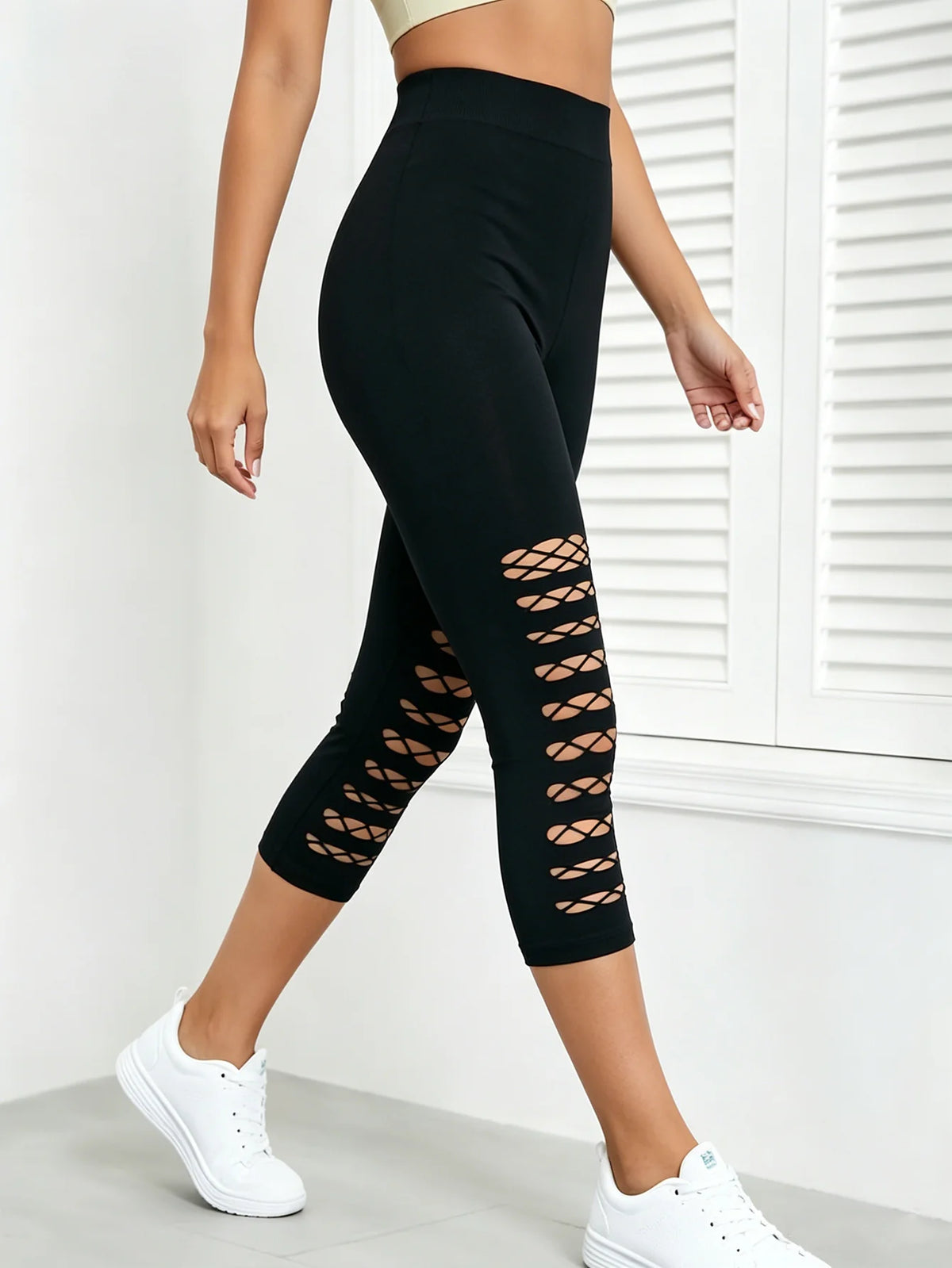 New Black Openwork Mesh Capris Leggings Stretchy Breathable Soft Sports Fitness Pants Everyday Wear Stylish Casual Tights