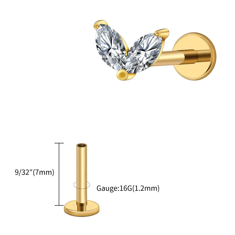 Right Grand ASTM F136 Titanium Tiny Double Marquise CZ Labret Stud Earring 16G Heart CZ Cartilage Helix Tragus Conch Piercing