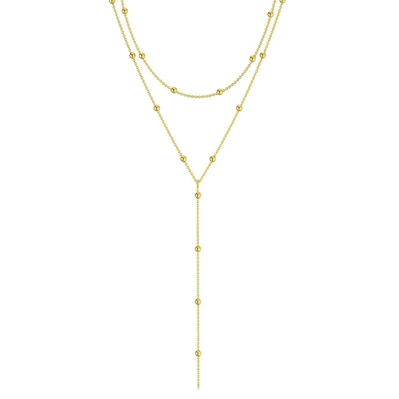 LATS Gold Color Double Layered Long Tassel Chain Necklaces for Women Simple Metal Geometric Bead Choker Necklace Fashion Jewelry
