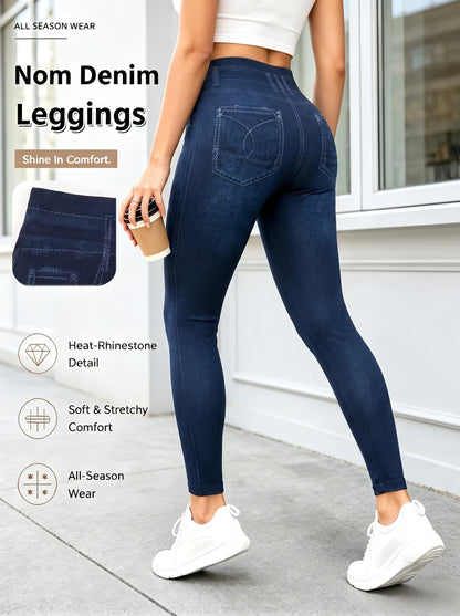 Women's Washed Blue Faux Denim Ankle Leggings High Stretch Pants for Jogging Light Hikes Low-Impact Fitness Daily Wear