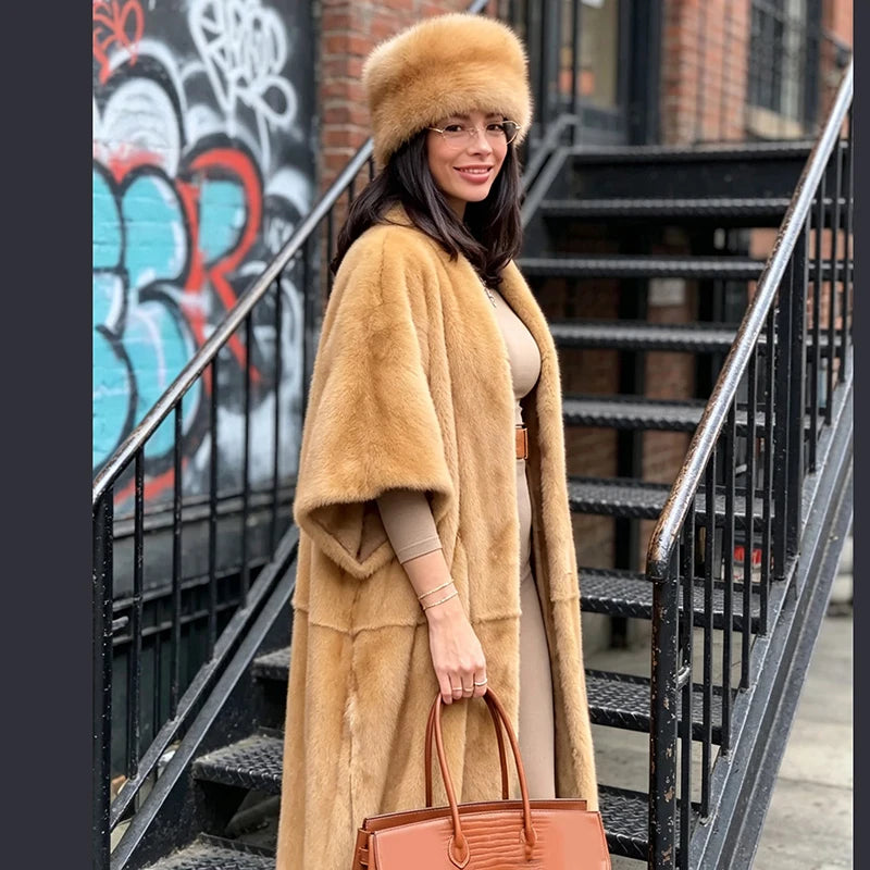 Women Faux Fur Shawl Collar Maxi Coat 3/4 Sleeve Open Front Self-Tie Belt Loose Fit Vintage Warm Jacket Luxury Ladies Outerwear