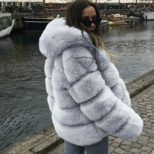 Women Winter Thick Warm Fake Fur Coat Female Fashion Faux Fur Fox Jackets Hooded Coats Outerwear casaco feminina frio