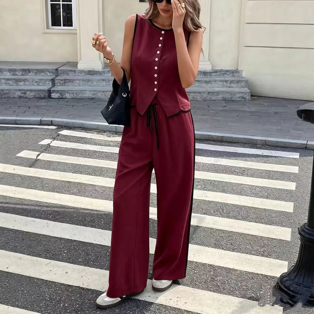2026 Summer Female Vest Pants Set Solid Sleeveless V-Neck Top High Waist Casual Loose Pant Two-piece Set Office Lady Suit Street