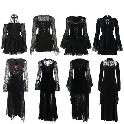 Halloween Gothic Grunge Punk Women Dress Long Sleeve Lace Slim Black Dresses 2026 New Y2K Harajuku Lolita Fairy Core Party Dress
