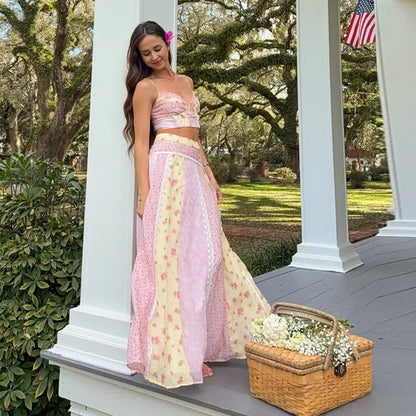 Vacation Floral Printed Cascading Ruffle Skirt Sets Women Sleeveless Sling Top Cake Long Skirts 2026 Summer Holiday Sweet Outfit