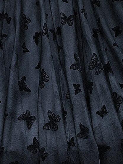 Butterfly Flocking Tulle Long Skirt Women Aesthetic Casual A Line Elastic High Waist Midi Mesh Skirt Female Black