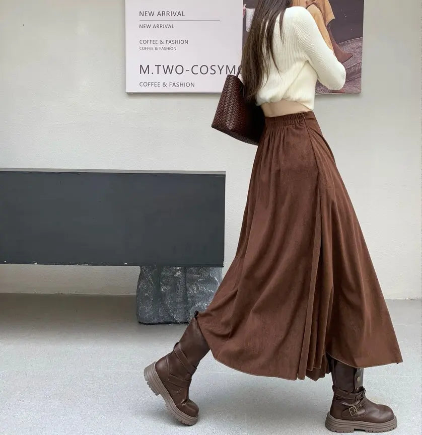 Midi Long Skirts Women Suede Skirt 2026 Goth Lolita Autumn Winter High Waist Ruffles Asymmetrical A-Line Pleated Skirt Maxi