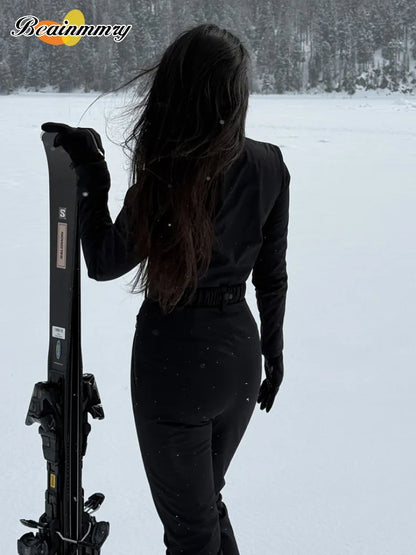 Chic Black Stand Collar Skiwear Women Cause Full Sleeve Waist Cinching High Waist Slim Jumpsuit 2026 Lady Winter Warm Outfit New