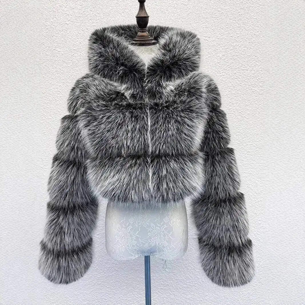S-6XL Women Coat Autumn Winter Short Hooded Faux Fox Fur Coat Thick Warm Outerwear Fake Fur Woman Jackets Ladies Furry Coats