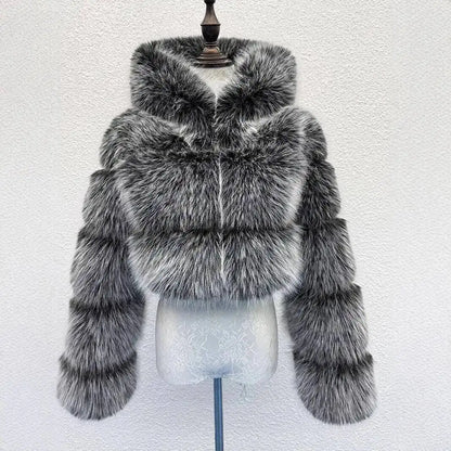 S-6XL Women Coat Autumn Winter Short Hooded Faux Fox Fur Coat Thick Warm Outerwear Fake Fur Woman Jackets Ladies Furry Coats
