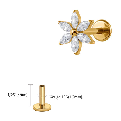 Right Grand ASTM F136 Titanium 16G Marquise Flower CZ Labret Stud Helix Conch Cartilage Tragus Flat Back Piercing Body jewelry