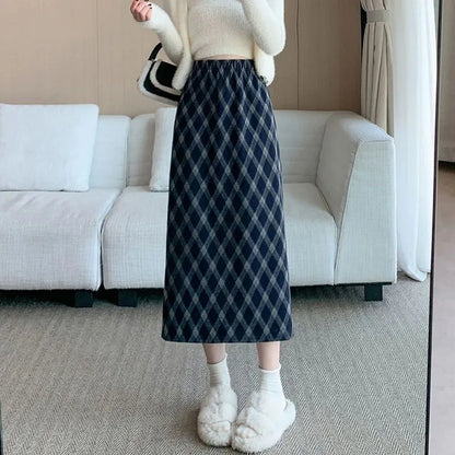 Women Plaid Skirt High Waisted Elastic A Line Midi Length Skirts for Woman Korean Style Fashion Retro Versatile Slit Long Skirts