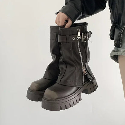 Winter Women Biker Boots Fashion Belt Buckle Ladies Elegant Platform Long Pipe Booties Casual Women's Knee High Booties2024