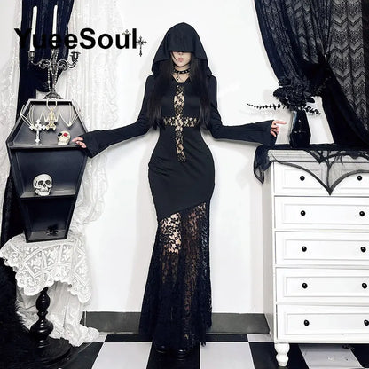 Halloween Gothic Grunge Punk Women Dress Long Sleeve Lace Slim Black Dresses 2026 New Y2K Harajuku Lolita Fairy Core Party Dress