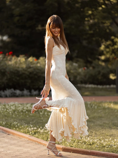 White Polka Dot Maxi Dress For Women Spaghetti Straps Sweetheart Bust Back Ruched Mermaid Flounce Hem Vacation Biryhday Dresses