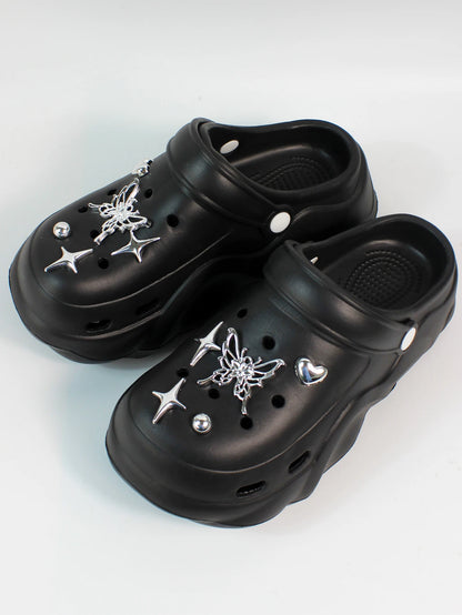 Women DIY Silver Butterfly-Knot Fashion Bow Decor Clogs Summer Sping Autumn Beach Sandals Cave Hole Garden Shoes Students Girls
