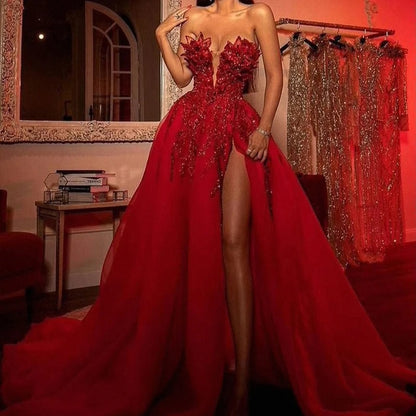 Elegant Women's Evening Maxi Dresses Sexy Backless Off Shoulder Red V Neck Side Slit Glitter Sequins Prom Party Long Dress