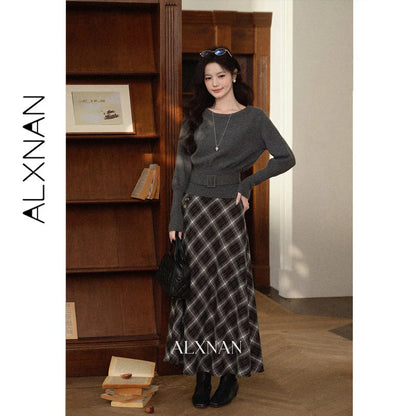 ALXNAN Black Grey Plaid Midi Skirt Autumn New Vintage Plaid High Waist Flared Women's Long Skirt Elegant Female Clothing L68321