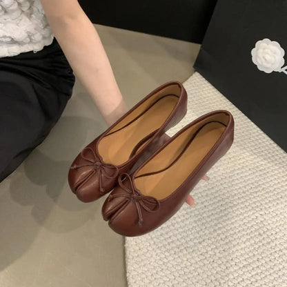 Spring Women Flat Split Toe Shoes with Bow Soft Leather Bow Tie Front Shallow Slip On  Girls Tabi Shoes Flats Ballet Shoes