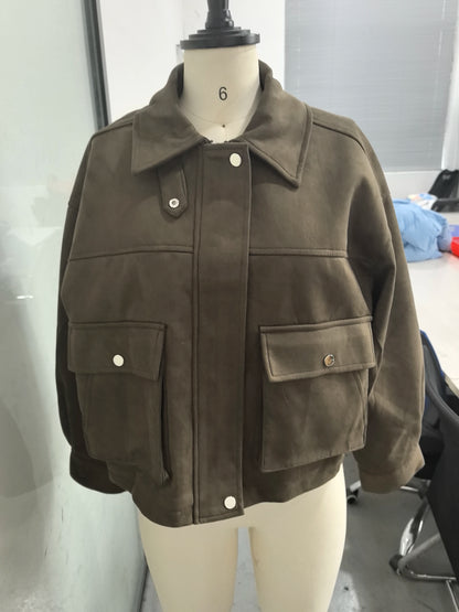 Women's Cropped Bomber Jacket Stand Collar Zipper Patch Pocket Rib Trim Long Sleeve Short Coat Vintage 2026 Autumn Casual Outfit