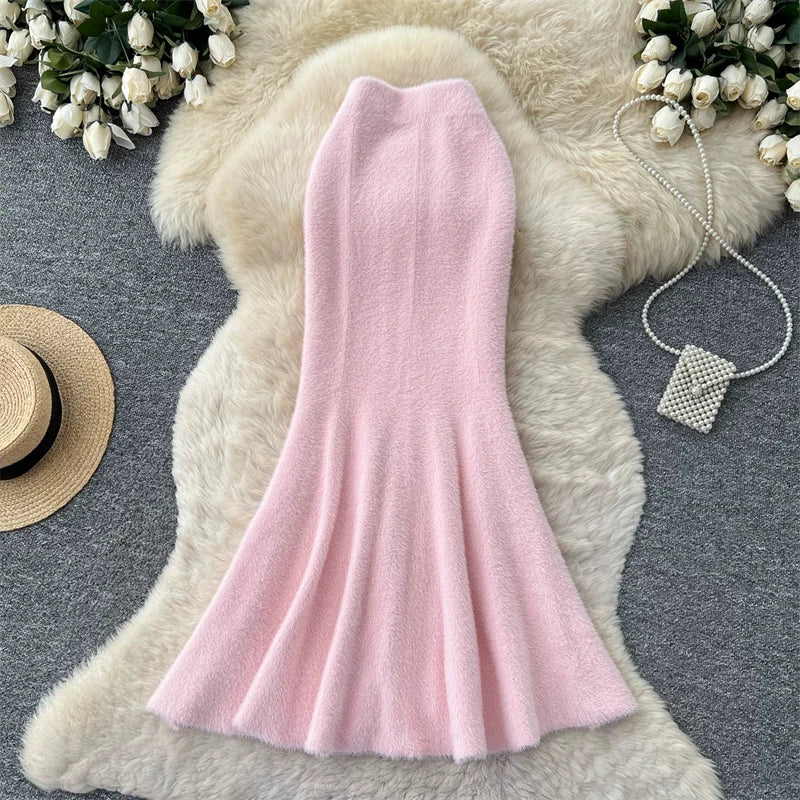 Women Faux Mink Knit Mermaid Skirt High Waist Soft Fuzzy Warm Sweater Skirt Fall Winter Elegant Bodycon Long Midi Skirts 636