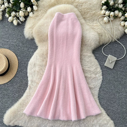 Women Faux Mink Knit Mermaid Skirt High Waist Soft Fuzzy Warm Sweater Skirt Fall Winter Elegant Bodycon Long Midi Skirts 636