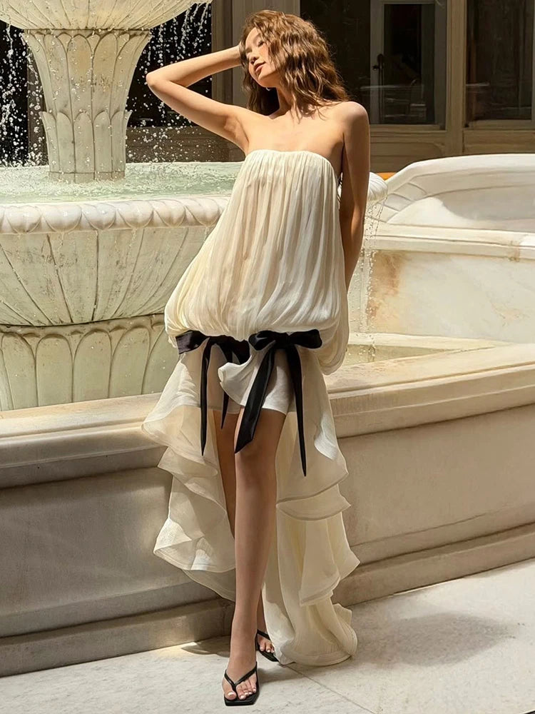 Sisterlinda Elegant Dress Women Bow Tassel Decoration Irregular Ruffles Hem Chest Wrap Folds Sleeveless Birthday Party Bodycon