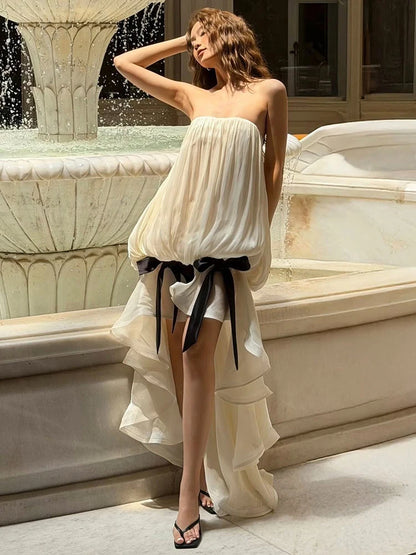Sisterlinda Elegant Dress Women Bow Tassel Decoration Irregular Ruffles Hem Chest Wrap Folds Sleeveless Birthday Party Bodycon