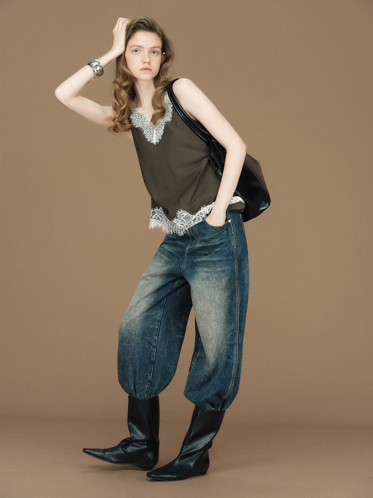FSLE【Premium Series】Summer Women's Lace Trim Linen Blend Camisole, Waist-Cinching Layering Top for Romantic Everyday Chic Style