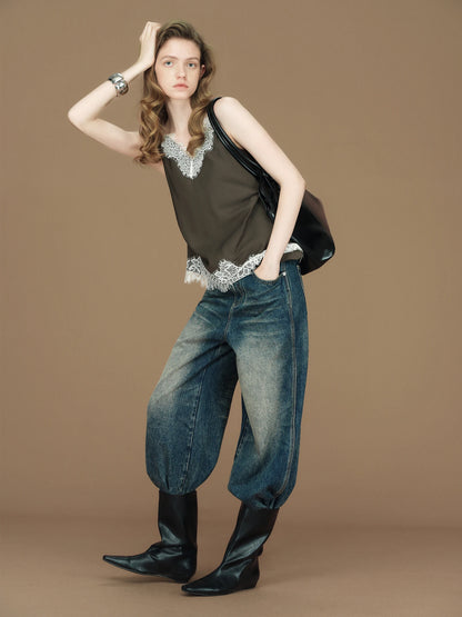FSLE【Premium Series】Summer Women's Lace Trim Linen Blend Camisole, Waist-Cinching Layering Top for Romantic Everyday Chic Style