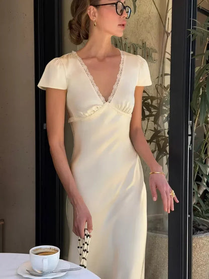 Women Elegant Satin Lace Trim Midi Dress Solid Lace Patchwork Short Sleeve V-neck Summer Dresses 2026 Summer New Holiday Robes