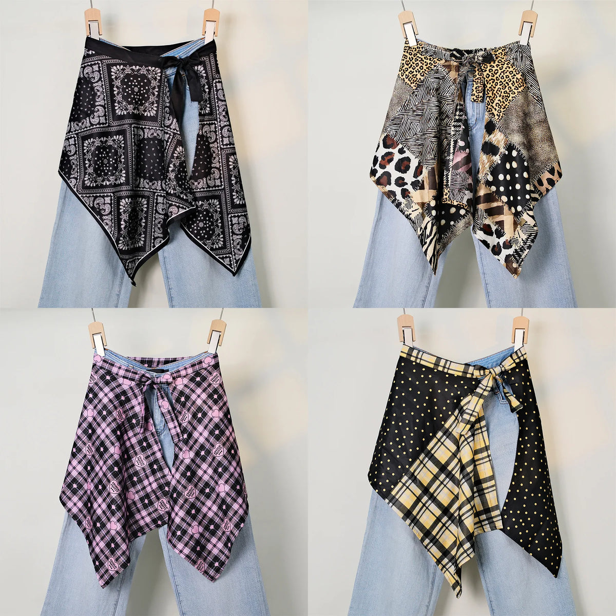 Streetwear Layering Pannier Skirt with Side Tie, Paisley Polka Dot Leopard Print Hem, Multifunctional Apron Skirt for Dresses