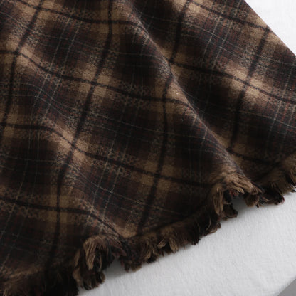 Harajuku Vintage Plaid Coffee Brown Woolen Midi Skirt For Women Tassel High-waist A-line Skirt Trendy Winter Office Commut Outfi