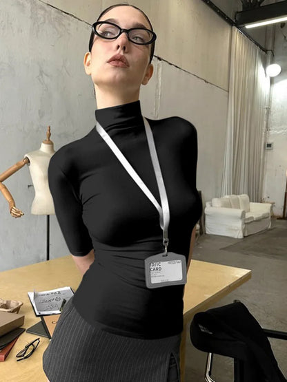 Women's Basic Turtleneck Top Casual Summer Comfortable Half Sleeve Tees Fashionable White Black Basicwear