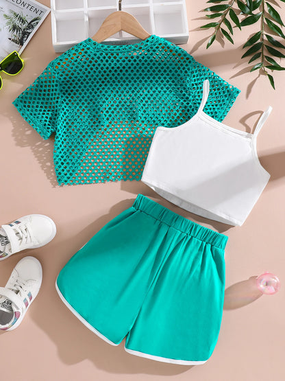 Summer girls' fashion 3-piece set, cool and breathable mesh short sleeved T-shirt+letter printed suspender+shorts