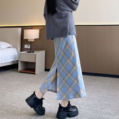 Plaid Woolen Skirts Women New Fashion 2026 Autumn Winter High Waisted Straight Midi Skirts Woman Preppy Style Retro Long Skirt