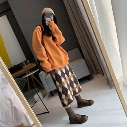 Women Autumn Winter Argyle Plaid Knit Midi Skirt Vintage Preppy Style Black White Casual Bottoms