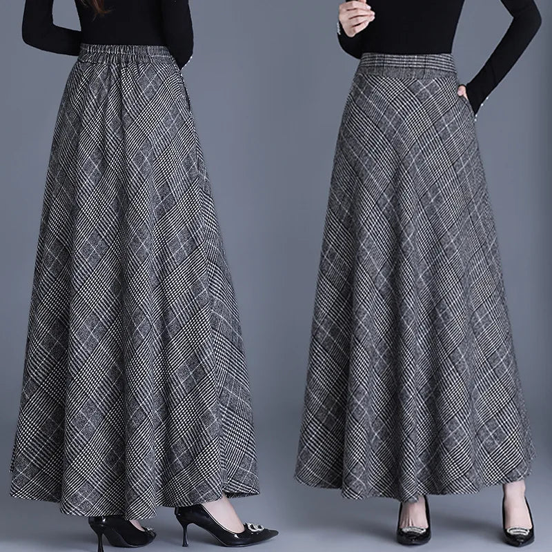 Fairyshely 2026 Autumn Winter Gray Plaid Woolen Skirt Women Casual High Waist Midi Skirt Ladies Elegant Warm Pleated Long Skirt