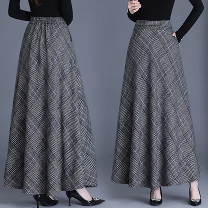 Fairyshely 2026 Autumn Winter Gray Plaid Woolen Skirt Women Casual High Waist Midi Skirt Ladies Elegant Warm Pleated Long Skirt