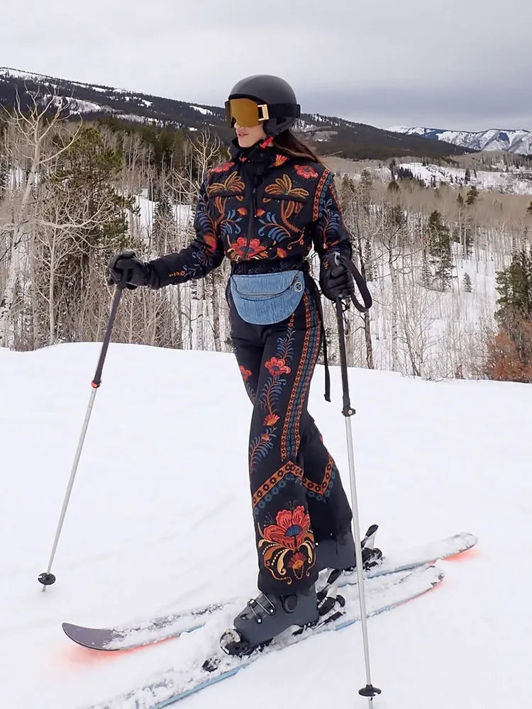 Women Floral Print Hooded Ski Set Stand Belt Waist Zipper Straight Jumpsuit Retro Fashion Sheath Warm Sport Winter 2026 Skiwear