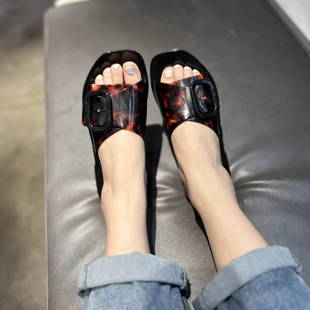 Mini Melissa Outdoor Women's Jelly Slides Sweety Girls Wide Buckle Slippers Adult Ladies Non-slip Flat Beach Vacation Shoes