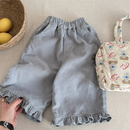 deer jonmi 2026 New Spring Baby Girls Wide Leg Pants Floral Printed Korean Style Corduroy Ruffles Toddlers Kids Casual Trousers