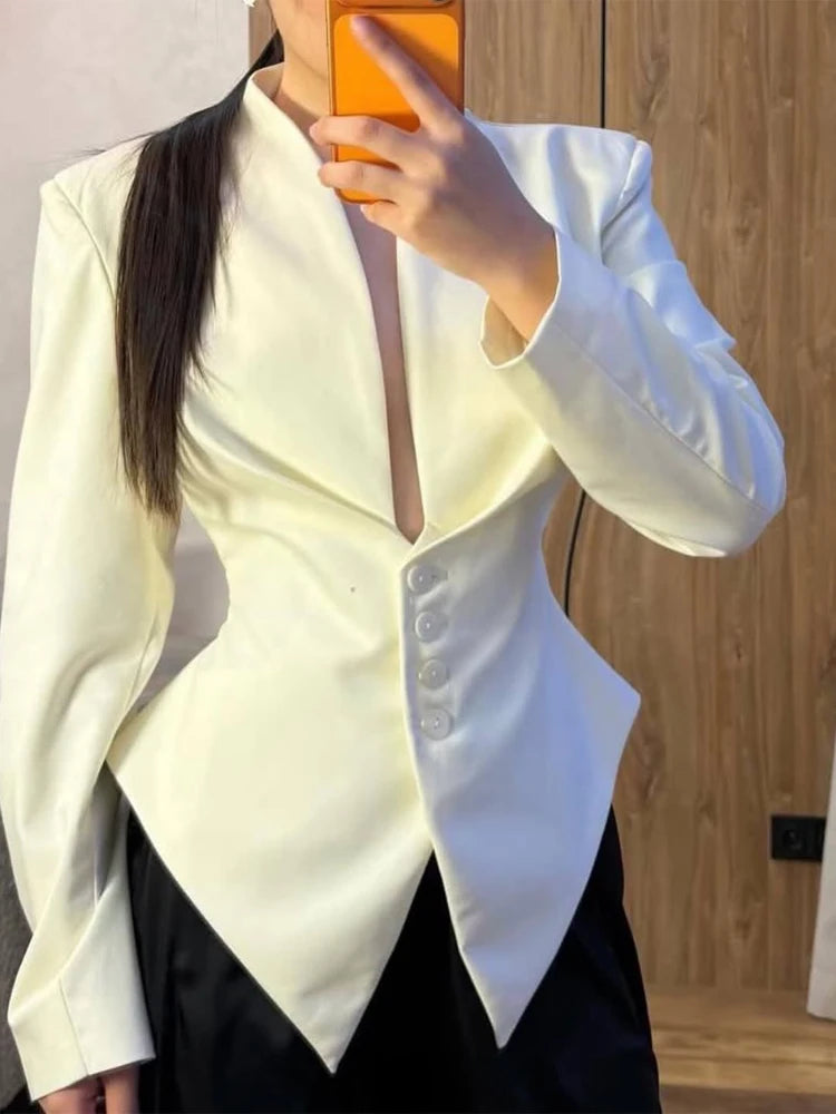 Women's Solid Elegant Ruffle Coats Chic Hollow-out V-neck Full Sleeve Waist-cinching Coat 2026 Spring Lady Highstreet Outwear