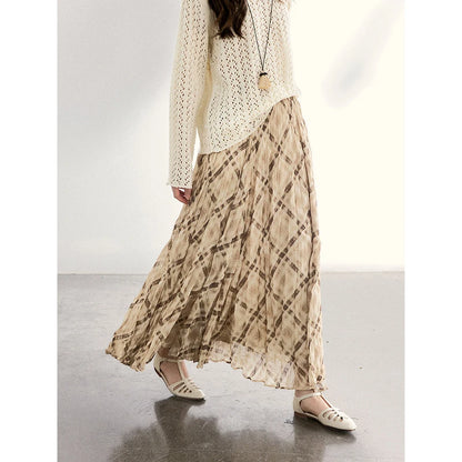 MISHOW Women's Beige Plaid Maxi Skirt 2026 Spring High Waist Flowy A-Line Skirts Elastic Waist Casual Chiffon Skirt MXF108B0769