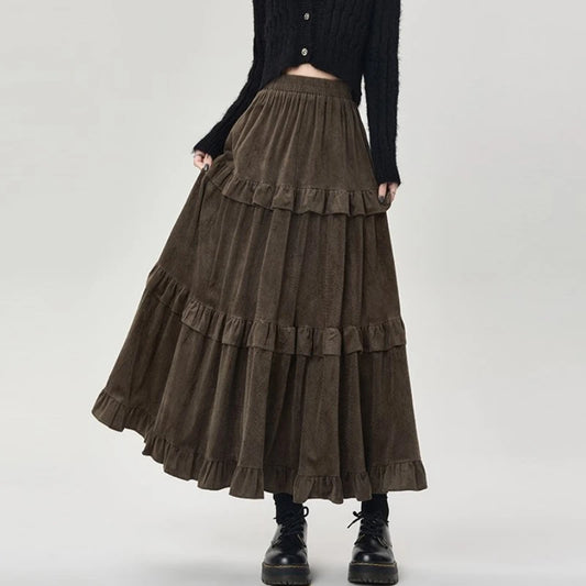 Qiukichonson Mid Long Skirts Womens Velvet Skirt 2023 Autumn Winter Korean Vintage Elastic Waist High Low Ruffle Pleated Skirts
