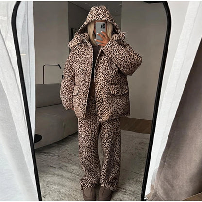 Fashion Women's Stripe Cotton Padded Coat Pant Set Loose Full Sleeve Hooded Zipper Jacket Elastic Waist Pants 2026 Winter Suits