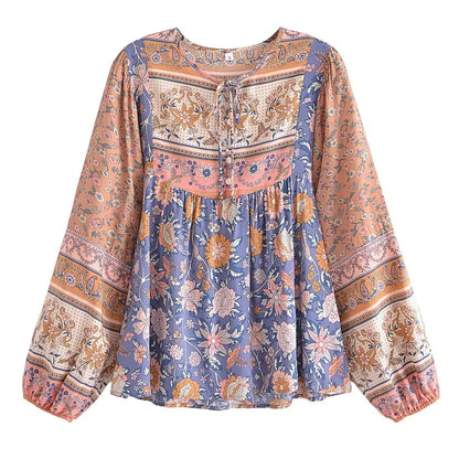 Boho Queens Tops Vintage Blue Floral Print Tassel Loose Blouses  Ladies Tie Neck Long Sleeve Beach Shirts Blusas Mujer