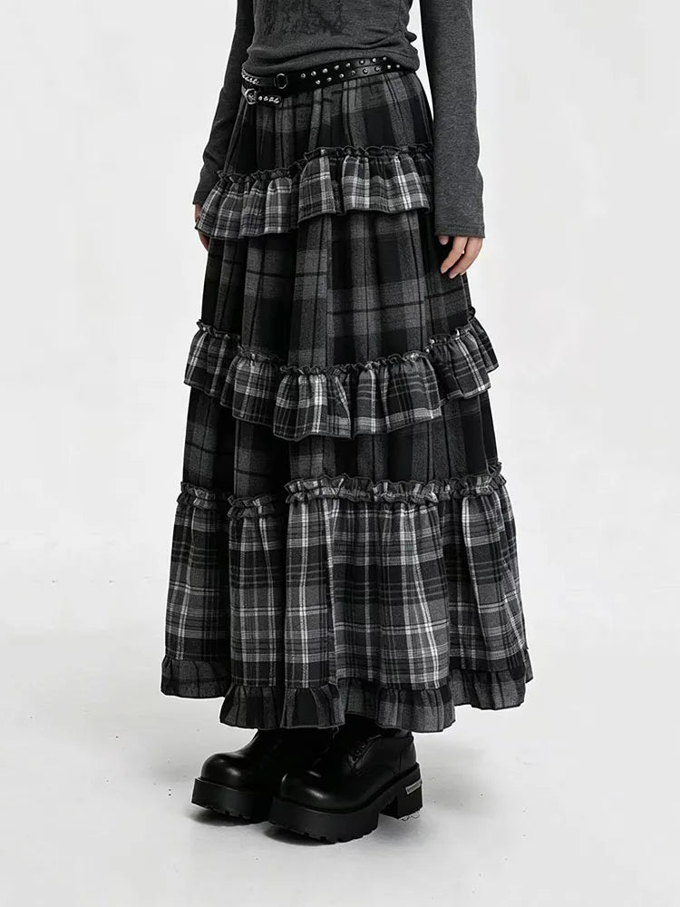 Vintage Plaid Patchwork Skirts for Women Japanese High Waist Ruffles Splicing Midi Skirts Y2K Harajuku Streetwear A Line Skirts